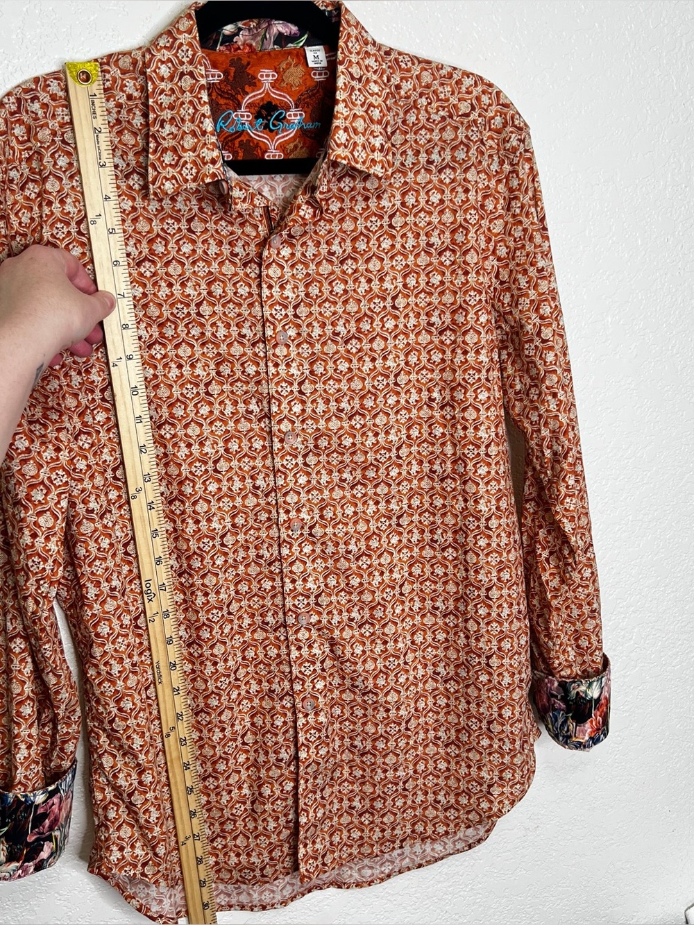 Robert Graham Medallion Floral Flip Cuff Button Down Shirt Orange Mens Sz M - Picture 12 of 12